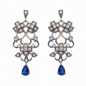 Elegant Floral Drop Earrings with Blue Teardrop Accent. Chandelier style dangle